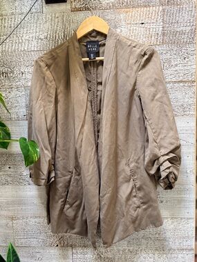Belle Vere | Open-Front Shawl-Collar Blazer w/ Ruched 3/4 Sleeves - L, Taupe